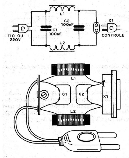    FIGURA 2 - Circuito de filtro contra as interferências via rede, e seu aspecto real. Veja no texto pormenores de construção das bobinas L1 e L2.
