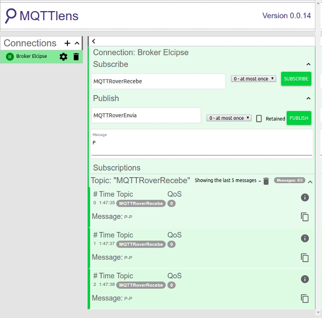 Figura 8 - estado dos motores (P, H ou A) recebidos via MQTT no cliente MQTTLens
