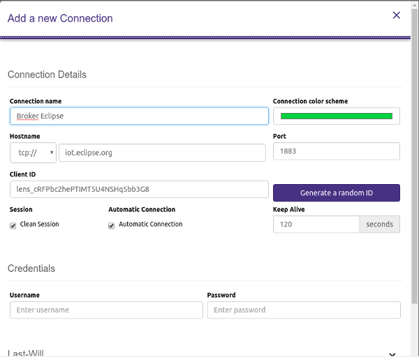 Figura 12 - Dados de conexão MQTT (configuração do cliente MQTTLens)
