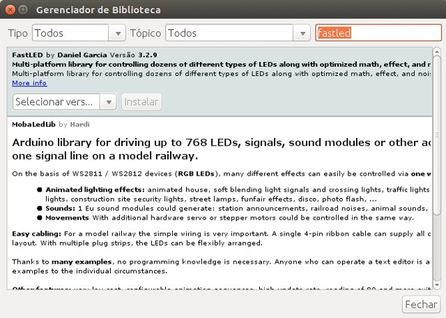Figura 5 - Gerenciador de bibliotecas após busca pela biblioteca FastLED