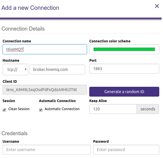 Figura 7 - Dados de conexão MQTT (configuração do cliente MQTTLens)
