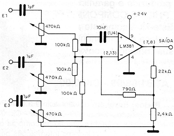     Figura 2 - Mixer de 3 entradas com o LM381
