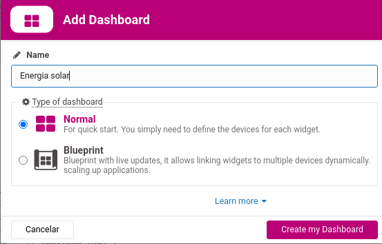 Figura 5 - criação de um novo dashboard na plataforma TagoIO
