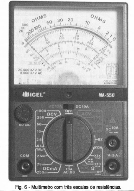 Multímetro com três escalas de resistências
