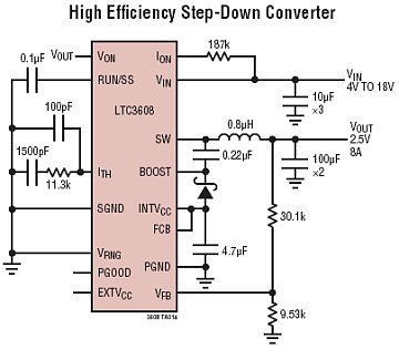 Legenda; Conversor step-down com capacidade para 8 A de saíd, utilizando o circuito integrado LTC3608 da Linear Technoloy.
