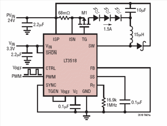 Figura 1 - Driver de LED de 2,3 A utilizando o LT3518 da Linear Technology.
