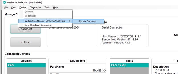 Figura 9: GUI do PC Maxim DeviceStudio – Atualizar firmware (Fonte: Mouser Electronics)
