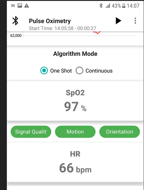 Figura 16: Aplicativo Maxim Wellness Suite para Android – medição de SpO2 e FC (Fonte: Mouser Electronics)
