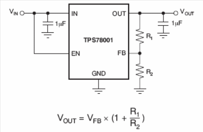 Figura 1 -  Regulador de tensão com baixa queda de tensão para 150 mA usando oTPS78001 da Texas Instruments. 
