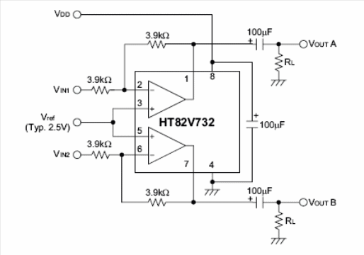 Figura 2 - Diagrama do amplificador de 60 mW Holtek na versão estéreo.
