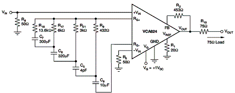  Figura 7 -Neste circuito, a rede de equalização formada pelo conjunto de capacitores e resistores em paralelo com Rg determina as características da equalização obtida de acordo com o cabo. Observe que o resistor de 50 Ω à terra determina a impedância de entrada do circuito, sendo portanto a impedância do cabo com o qual ele vai ser utilizado. 
