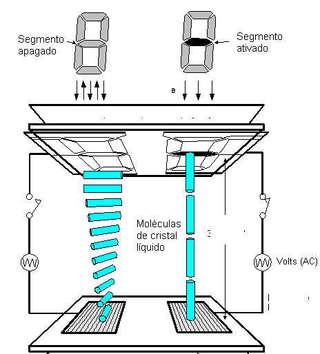 Figura 1 - As moléculas que formam o cristal são orientadas pela ação de um campo elétrico.
