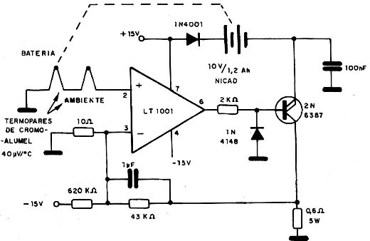 Carregador de bateria Nicad termicamente controlado.
