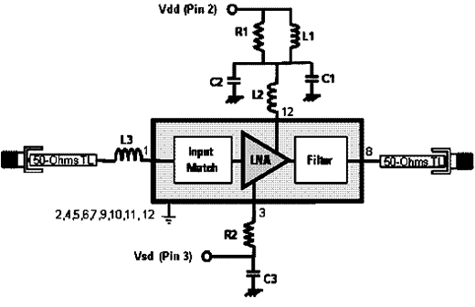 Amplificador de 1,575 GHz para a faixa de GPS utilizando o circuito integrado ALM-1612 da Avago
