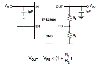 Figura 7 - Regulador de tensão com baixa queda de tensão para 150 mA usando oTPS78001 da Texas Instruments. 
