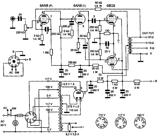 A válvula 6CA4 é substituída por diodos de silício (1N4007) nas versões modernas deste amplificador, mas muito melhor qualidade de som pode ser obtida com diodos Schottky.
