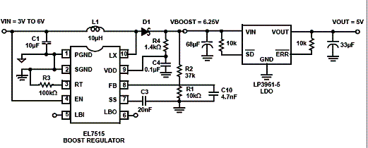 Figura 1 - Fonte de 5 V USB utilizando um regulador boost e um LDO. 