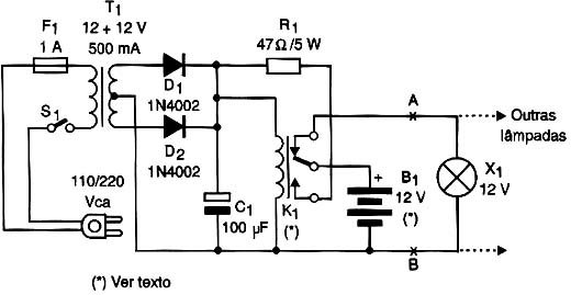 Diagrama do sistema de luz de emergência. O inversor pode ser ligado nos pontos A/B
