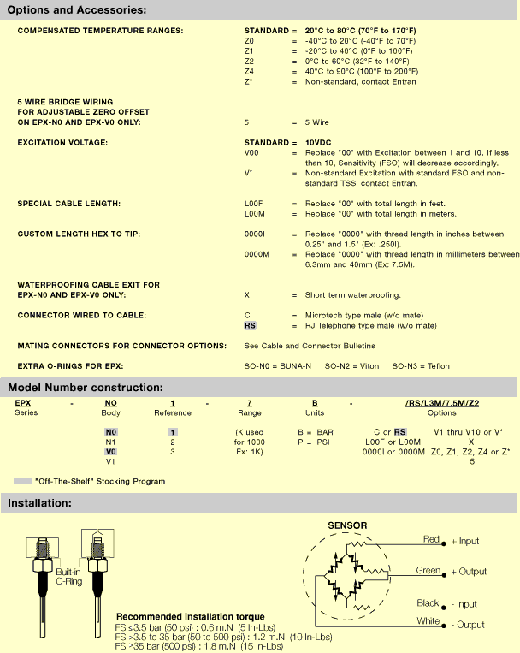 Folha de dados de um sensor de pressão mostrando a configuração em ponte dos elementos internos. 
