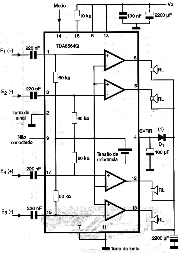 Circuito de 4 alto-falantes com o TDA8564Q
