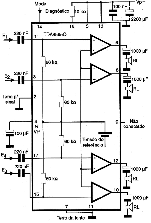 Circuito prático de 4 canais usando o TDA8565Q
