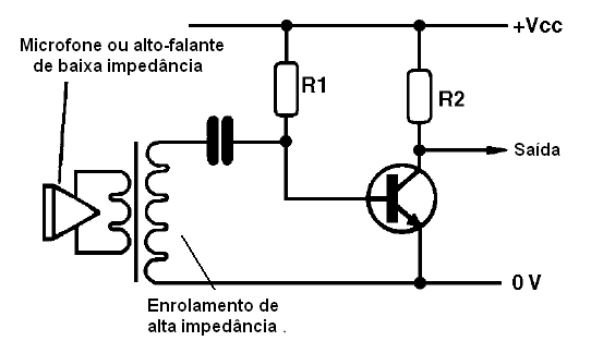 Casando a baixa impedância de um microfone com a entrada de um circuito amplificador
