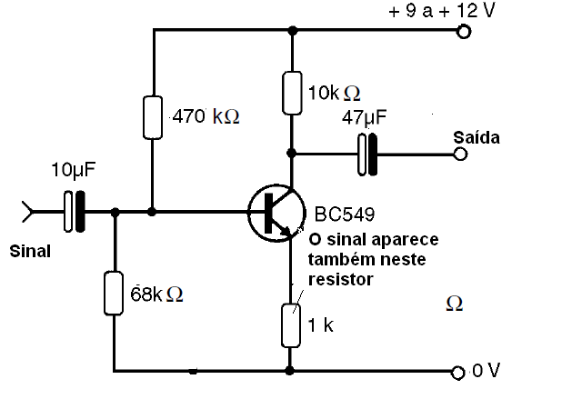 O sinal aparece sobre o resistor de 1k afetando a polarização
