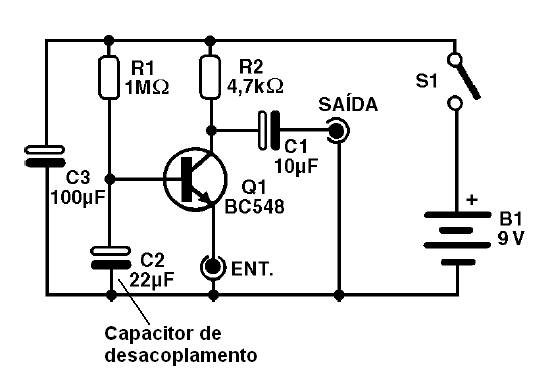 Neste amplificador de base comum, o capacitor desacopla a base
