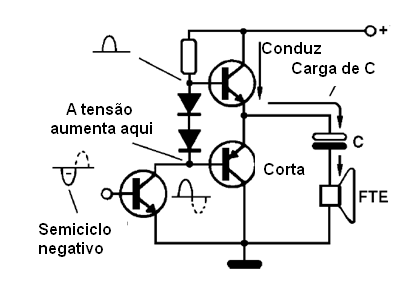 No semiciclo negativo conduz o transistor NPN
