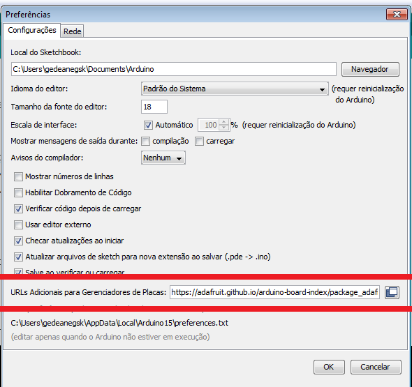 Instalação de placas adicionais na IDE Arduino (Fonte: própria)
