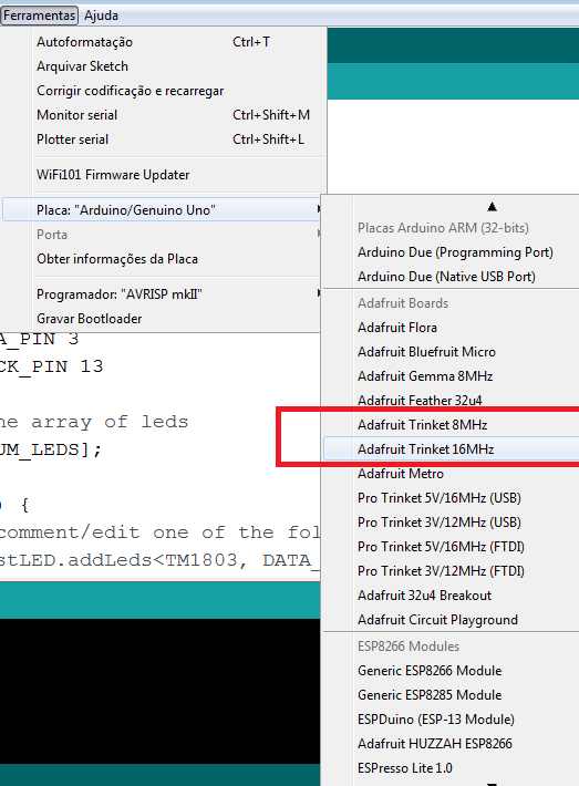 Escolhendo a placa na IDE (Fonte: própria)
