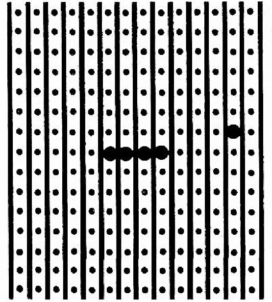 Fig. 4 — Plaqueta semiacabada para a montagem do alarma, vista pelo lado cobreado, mostrando as interrupções a serem realizadas.
