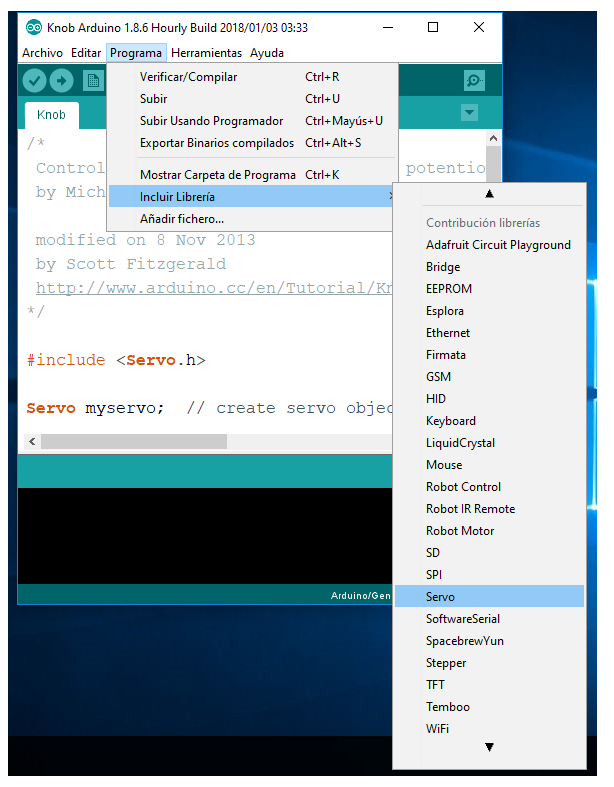 Figura 4. Menu para incluir a biblioteca Servo
