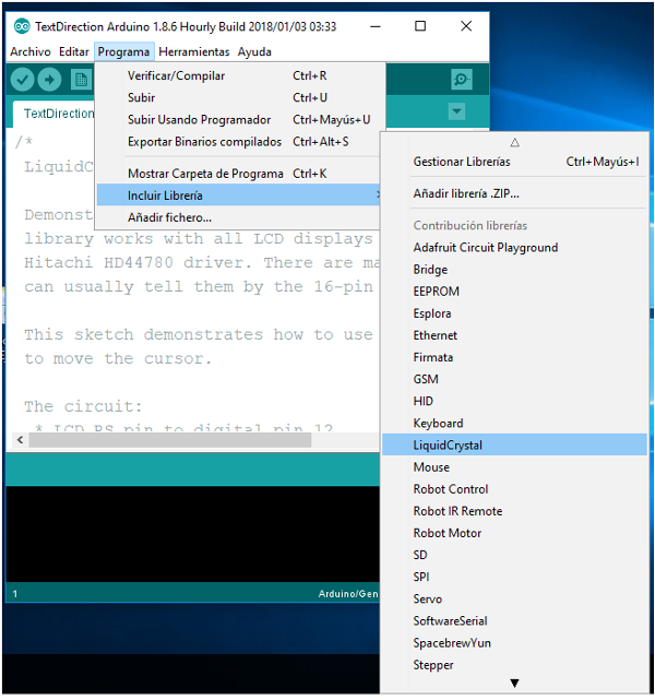  Figura 8. Menu para incluir a biblioteca LiquidCristal
