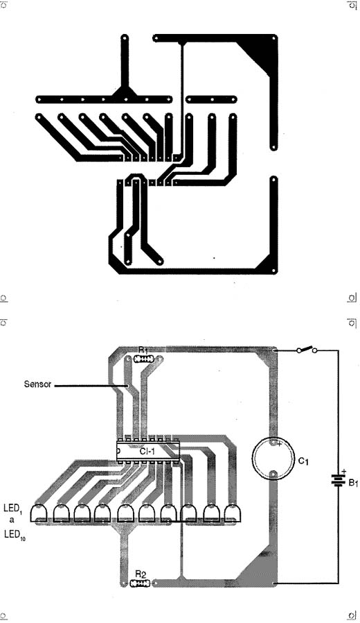 Placa de circuito impresso. Os LEDs não estão na ordem de acendimento.