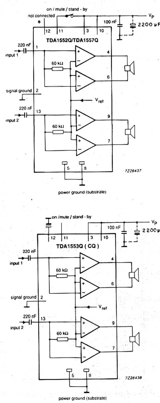 As configurações possíveis para o TDA1552Q, TDA1557Q e TDA1553CQ e Q. 