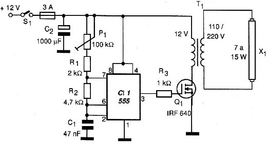 Circuito  dum inversor, que alimenta uma lâmpada de 40 W. 