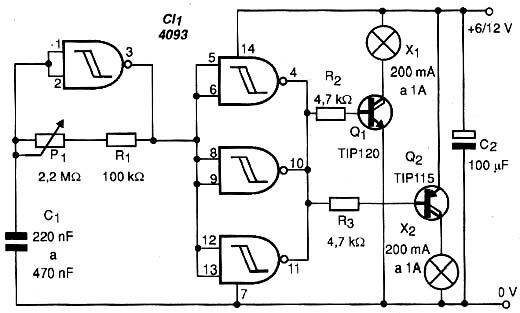 Neste circuito, duas lâmpadas piscam alternadamente. 