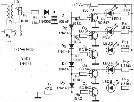 Diagrama completo do sistema bargraph com 5 LEDs. 