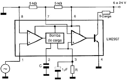 Chave de velocidade. A carga é energizada quando f é maior ou igual a 1/RC. 