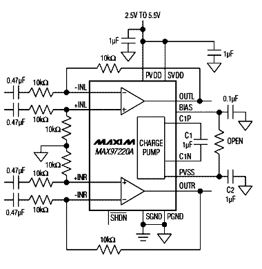 Circuito típico de aplicação do MAX87220 da Maxim 