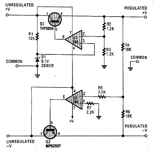  Regulador Simétrico com 741 e 2N3055
