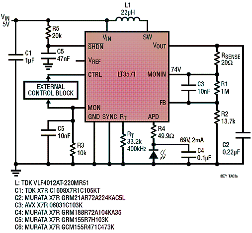 Conversor de 5 V para 69 V com soft start. 