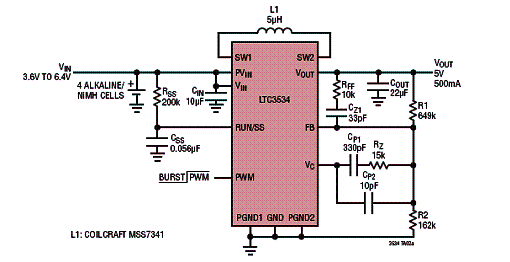 Figura 2 - Circuito para 4 pilhas alcalinas usando o LTC3534.
