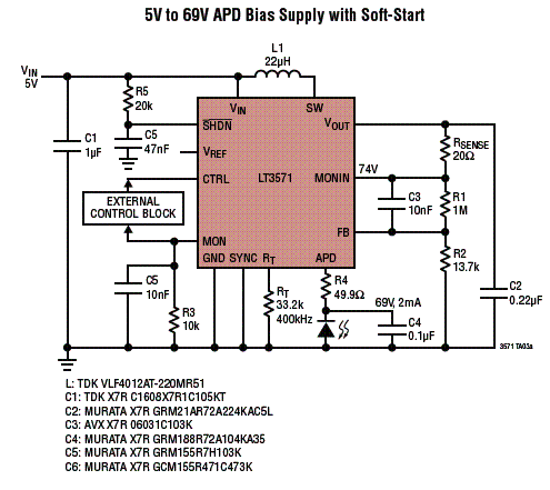 Figura 2 - Conversor de 5 V para 69 V usando o LT3571.
