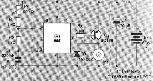 Diagrama completo do controle PWM usando um circuito integrado 555. 