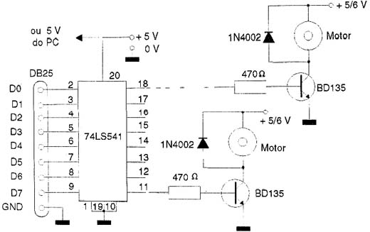 Acionamento de 8 caixas usando um buffer 74LS541. 