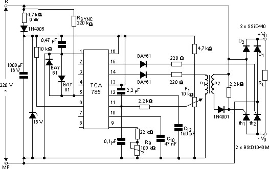 Controle de onda completa com ponte mista (diodo + SCR). 