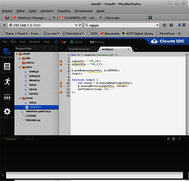 Figura 10 – IDE Cloud9 – acesso via browserAtravés da IDE da Cloud9 é possível escrever programas em javascript para ter acesso as entradas e saídas da BeagleBone Black. Abordaremos a IDE da Cloud9 no próximo artigo onde faremos alguns programas para ter acesso aos recursos da placa. 
